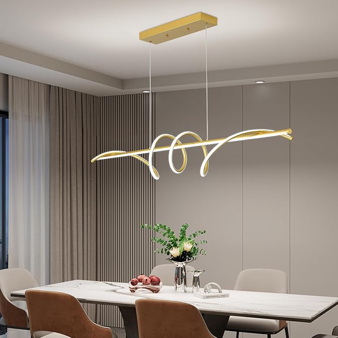Modern Design Dimmable Desk Linear Pendant Light, with Remote Control Dimmable 3 Color Mode & Brightness Ceiling Lamp, Anti-Flicker Dining Light Fixture for Kitchen, Dining Room (Gold, 47IN)-Ruum Studio Home