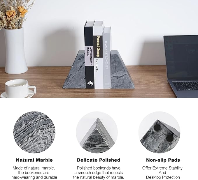Marble Bookends for Heavy Books, Decorative Book Ends for Shelves, Unique and Heavy-Duty Book Ends for Hardback Book & CDS, Stone Book Stopper, Modern Book Holder, Monte Grigi, Set of 2-Ruum Studio Home