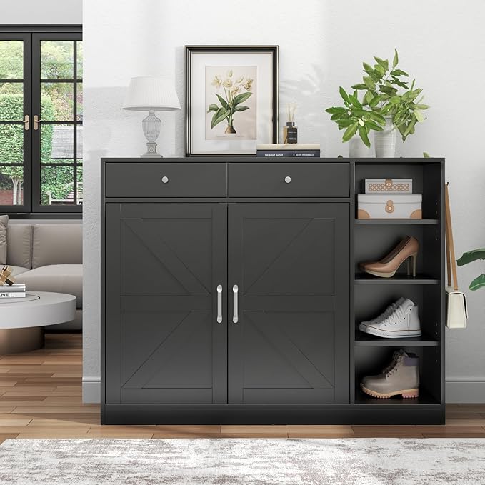 Loomie 5-Tier Shoe Cabinet with 4 Side Cubbies, Farmhouse Shoe Rack Cabinet with 6 Adjustable Shelves & 2 Drawers, Freestanding Shoe Storage Cabinet with 4 Brackets & 2 Hooks for Entryway (Black)-Ruum Studio Home