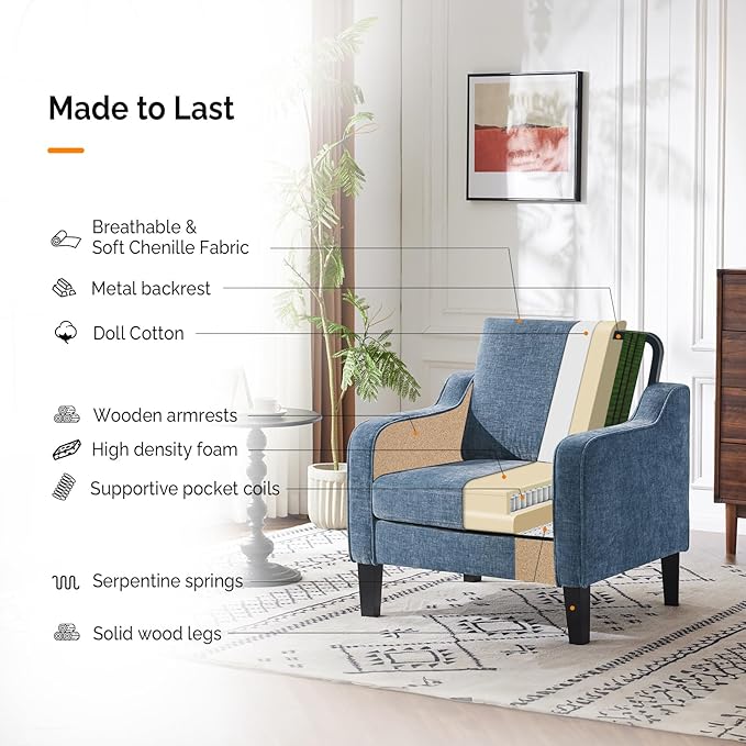 VINGLI Mid Century Modern Accent Chair,Navy Blue Chenille Chairs for Living Room Upholstered Armchair with Scooped Arms for Bedroom,Apartment,Studio,Office,Waiting Room-Ruum Studio Home