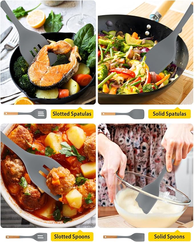 Pack of 4 Silicone Kitchen Utensils Set, Non Stick Solid Spatulas and Heat Resistant Slotted Spoons with Wooden Handle, Ideal BPA Free Cooking Utensils for Mixing,Serving,Turning,Stirring(GRAY)-Ruum Studio Home