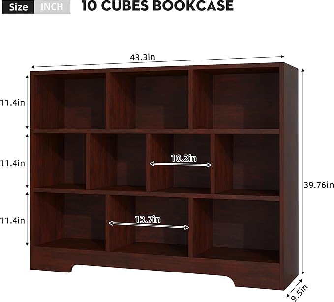 Book Shelf, 10 Cubes Storage Organizer, 3-Tier Open Shelf Wooden Bookcase, Freestanding Cherry Bookshelf Cube Shelf for Bedroom, Living Room, Home Office-Ruum Studio Home