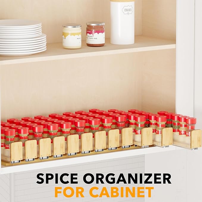SpaceAid Bamboo Pull Out Spice Rack Organizer for Cabinet, Heavy Duty Slide Out Seasoning Kitchen Pantry Sliding Vertical Organization, 10.1" Wide, 4 Drawers(2" Wide), 1-Tier, Natural-Ruum Studio Home