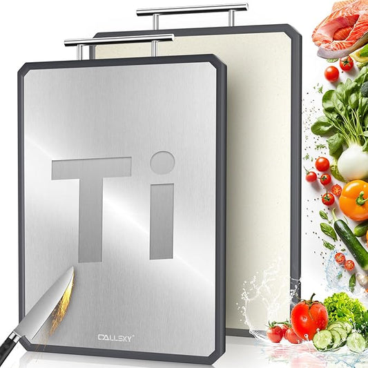 Titanium Cutting Boards for Kitchen, 2 in 1 Metal Cutting Board for Chopping Meat/Vegetables, Double Sided Pure Titanium&Wheat Straw PP Chopping Board, Food-Grade, Dishwasher Safe Large 16.3”×11-1 PC-Ruum Studio Home