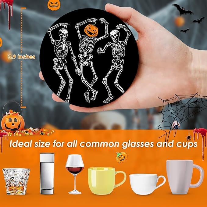 Coaster for Drinks Set of 6, Happy Fall Absorbent Round Ceramic Stone Mat, with Cork Base and Metal Holder-Ruum Studio Home