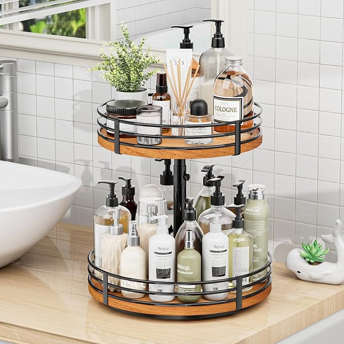 Lazy Susan Turntable Organizer Adjustable - 2 Tier Wood Rotating Spice Rack 12 Inch Lazy Susan for Kitchen Countertop Cabinet Pantry Cupboard Dining Table Bathroom Coffee Bar Home Storage-Ruum Studio Home