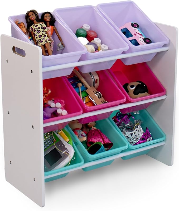 Humble Crew 9-Bin Toy Organizer – Forever Natural White/Pink/Purple/Aqua Plastic Bins, 3-Tier Storage Solution for Kids' Playrooms and Nurseries-Ruum Studio Home
