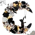 Halloween Wreaths for Front Door with Light, Black Cat Crescent Moon Wreath, Cute Cat Garland Halloween Door Decorations for Outdoor Indoor Decor Wall Window Home Party-Ruum Studio Home