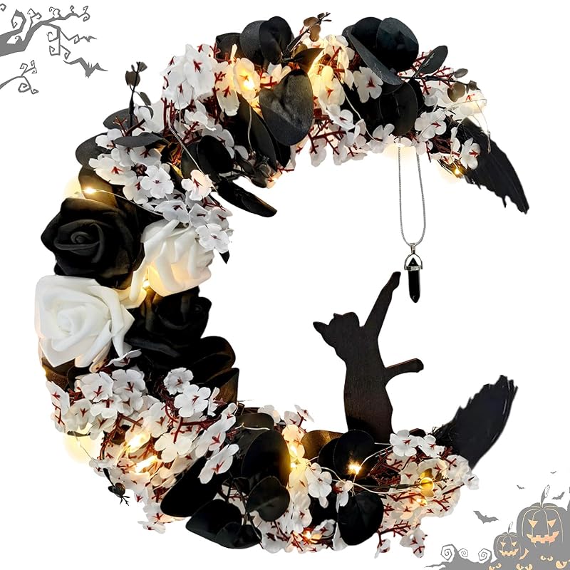 Halloween Wreaths for Front Door with Light, Black Cat Crescent Moon Wreath, Cute Cat Garland Halloween Door Decorations for Outdoor Indoor Decor Wall Window Home Party-Ruum Studio Home