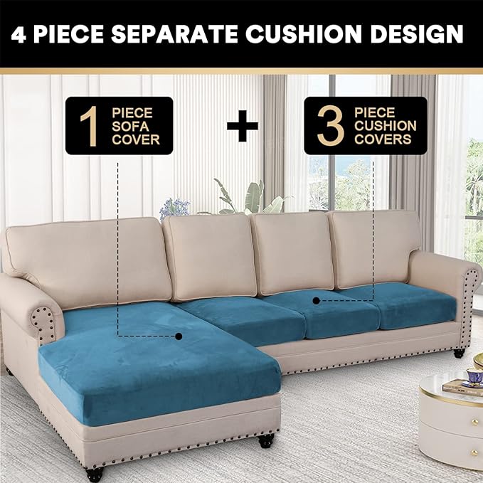 PrinceDeco Velvet Sectional Couch Covers, 4 Pieces, L Shape, Blue, 3 Seater + 1 Chaise-Ruum Studio Home