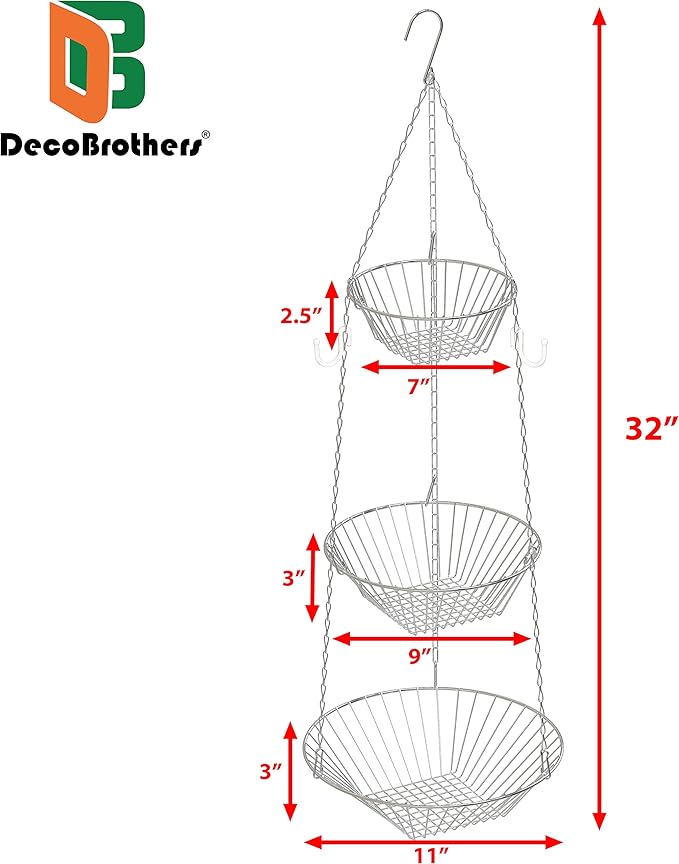 Deco Brothers Hanging Fruit Basket, 3-Tier, Chrome-Ruum Studio Home
