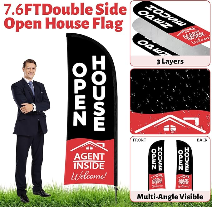 44 Pcs Open House Signs for Real Estate, Double Sided Open House Flag Kit, 7.6 x 5.4 Ft Black Banner Flag Poles Set for Outside, Directional Arrows Sign Stakes Balloons for Open House Supplies-Ruum Studio Home