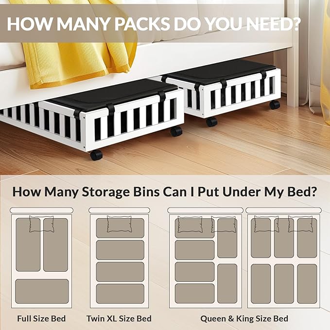 2 Pack Bamboo Under Bed Storage with Wheels, 39”x20”x7.8” Lager Under Bed Storage Containers (White)-Ruum Studio Home