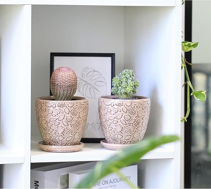 4 Inch Mini Plant Pots, Ceramic Succulent Planter with Drainage Hole and Saucers for Indoor Plants, Small Garden Pots for Succulent, Herb and Flower, Set of 4-Ruum Studio Home