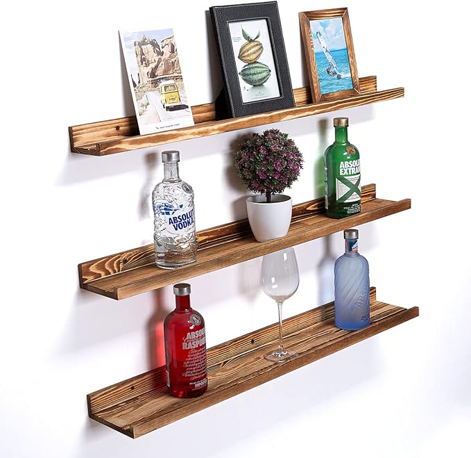 AZSKY Picture Ledge Shelf Wall Ledge Floating Shelves for Photo Frames Kids Book Shelves Wall Mounted Burnt Wall Display Shelf Wooden Frame Ledge 48 Inches Set of 3 Bathroom Organizer Shelves-Ruum Studio Home