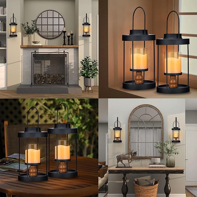 Metal Wall Sconce Candle Lantern Set of 2 - Black Wall Mounted Wood and Metal Hanging Holder with Glass & Candles Vintage Wall Decor for Porch, Living Room, Dining Room, Bedroom Indoor Decor-Ruum Studio Home