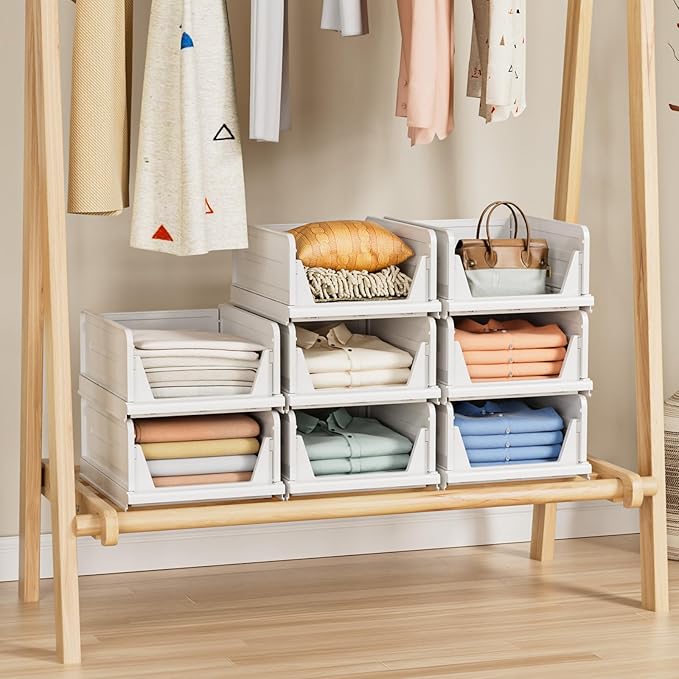 6 Pack Stackable Closet Storage Basket - Stackable Storage Bins, Multifunctional & Foldable Closet Organizer, Wardrobe Storage Space-Saving Clothes Storage Drawer Organizer, White-Ruum Studio Home