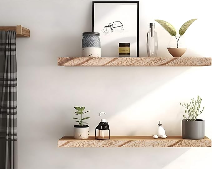 Wood Floating Shelves for Wall Decor, Rustic Wall Shelves for Bedroom Bathroom Kitchen Living Room, Set of 6 Light Walnut-Ruum Studio Home