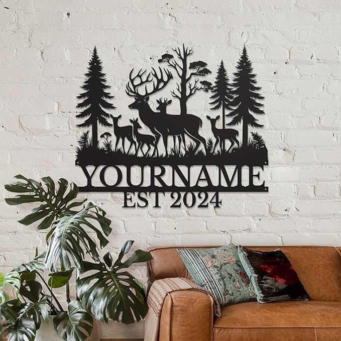 Personalized Deer Forest Name metal Signs,Custom Shed Metal Wall Decor,Black Deer Metal Wall Art Decor,Deer Home Metal Signs Plaques,Outdoor wall Decorative Signage (Style E)-Ruum Studio Home