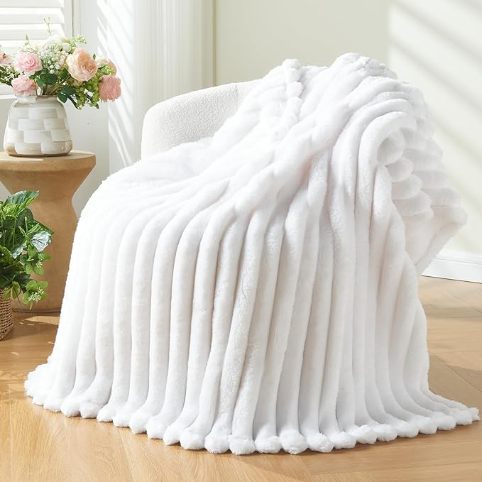 NEWCOSPLAY Super Soft Twin Blanket White Premium Silky Flannel Fleece 3D Ribbed Jacquard Lightweight Bed Blanket All Season Use (White Ribbed, Twin(60"x80"))-Ruum Studio Home