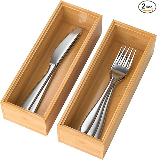 Bamboo Drawer Organizer – Set of 2 Stackable Storage Boxes, Silverware Tray & Small Gadget Holder for Kitchen Drawers, 9" x 3" x 2" (Outer), 8.3" x 2.3" x 1.77" (Inner)-Ruum Studio Home