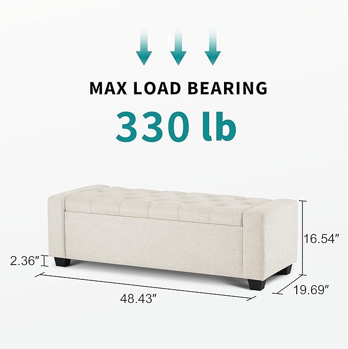 48" Ottoman with Storage, Storage Ottoman Bench with Safety Hinge, Upholstered Entryway Bench with Seating for Bedroom, Living Room, Holds up to 330 lb, Beige-Ruum Studio Home