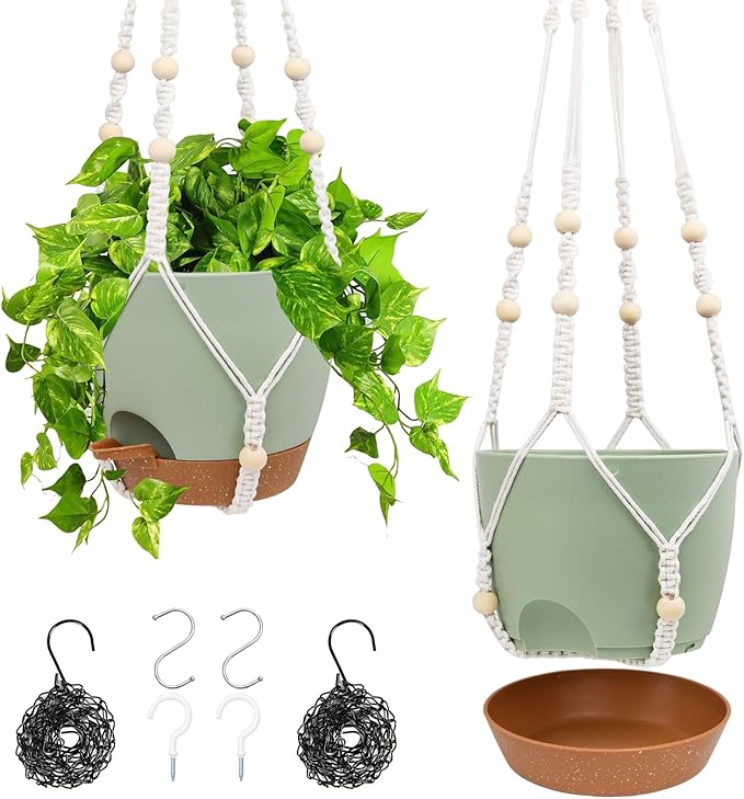 Hanging Planters for Indoor Outdoor Plants, 2 Pack Self Watering Hanging Pots, Hanging Plant Baskets with Drainage Holes & 2 Types of Plant Hangers (Green, 6'')-Ruum Studio Home