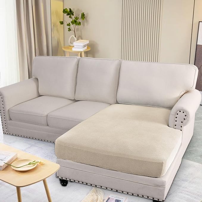 H.VERSAILTEX Super Stretch Individual Chaise Cover Sectional Couch Covers for L Shaped Sofa Both Left/Right Featuring Thick Jacquard Textured Twill Fabric (1 Piece Chaise Cover, Natural)-Ruum Studio Home