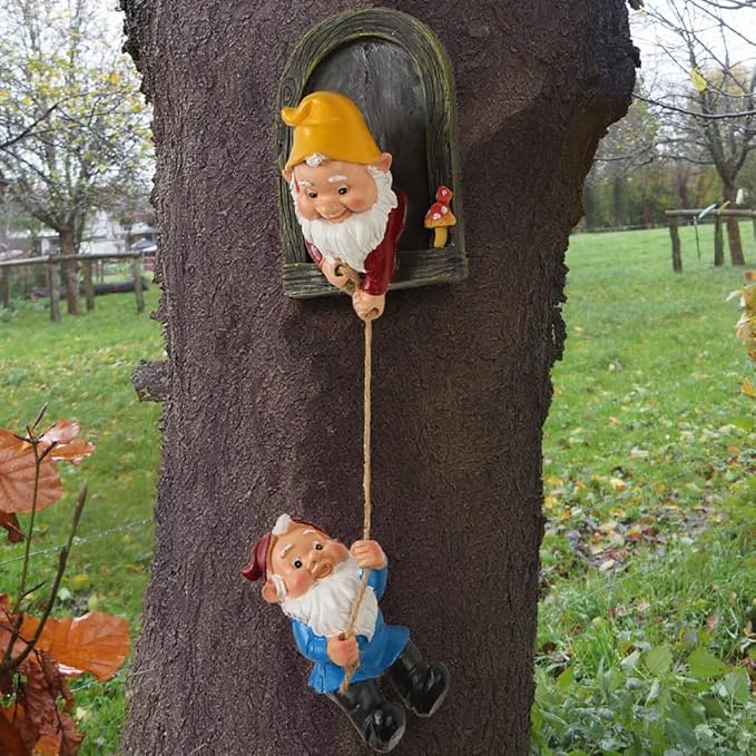 Elenon Climbing Gnomes Tree Faces Decor, Adorable Gnome Tree Hugger Fairy Garden Statue, Funny Peeker Sculpture Outdoor Yard Patio Art (2pcs)-Ruum Studio Home