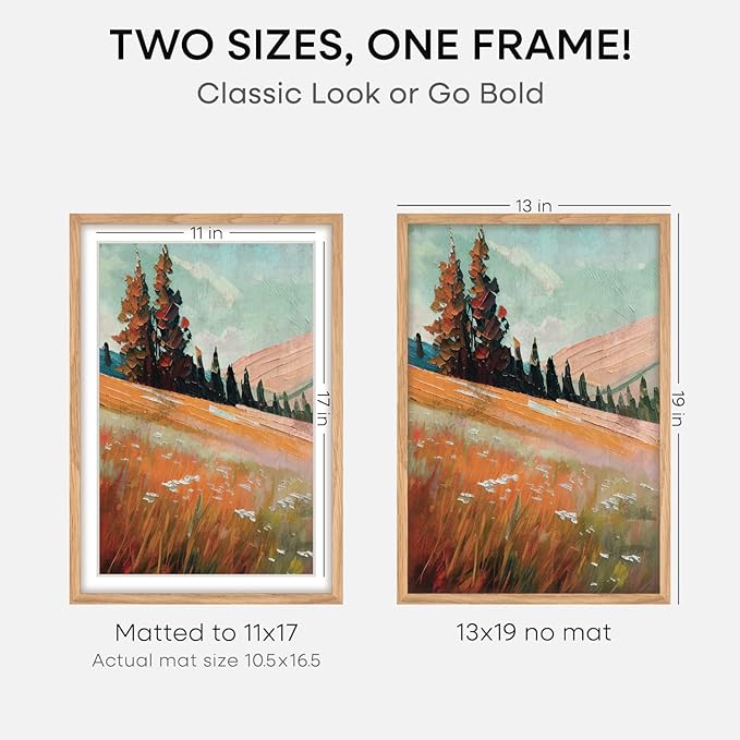 Homeforia 13x19 Picture Frame Wood, High End Natural Oak 13x19 Light Wooden Poster Frame with Mat 11x17, 13 x 19 Frames Matted to 11 x 17 Photo, 19x13 Hanging Frame, Tempered Glass, Wall Kit, Set of 1-Ruum Studio Home