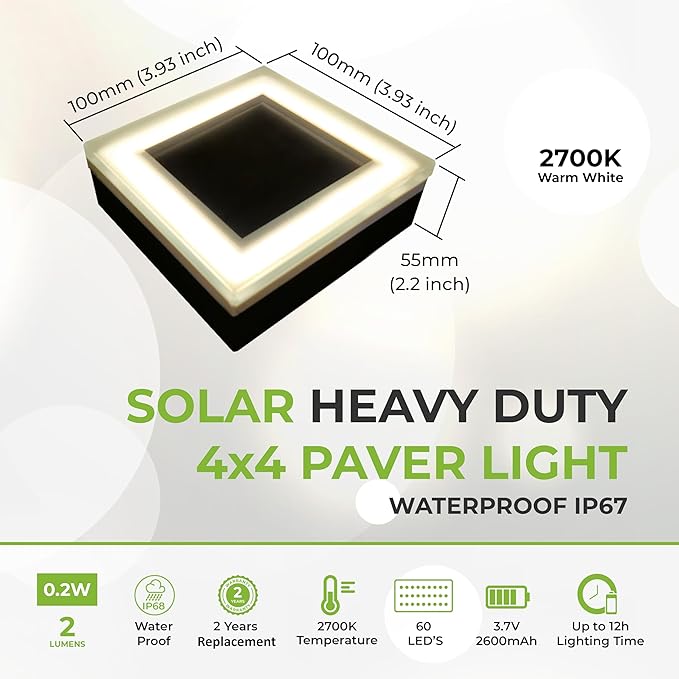 LUMENGY Solar Paver Light 4×4 inch (3.93 X 3.93), Up To 12 Hours Continues Lighting, Stainless Steel, Glare-Free Lighting For Driveways & Garden, 2700K Warm White, Waterproof & Drive-Over Rated. Ver 2-Ruum Studio Home