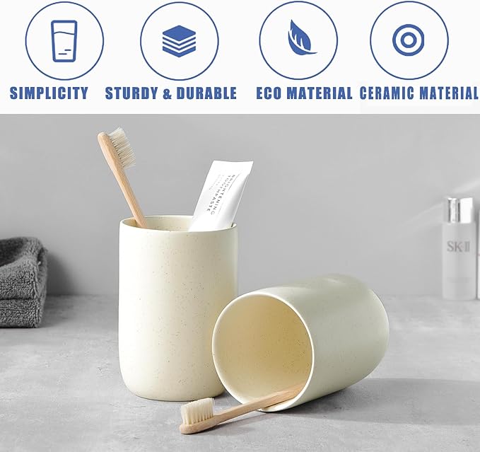 Beige Toothbrush Holders for Bathrooms - 2 Cups Ceramic Toothbrush Toothpaste Holders Set, Beige Bathroom Tumbler Cups Reusable Toothbrush Mouthwash Cup, Bathroom Counter Organizer-Ruum Studio Home