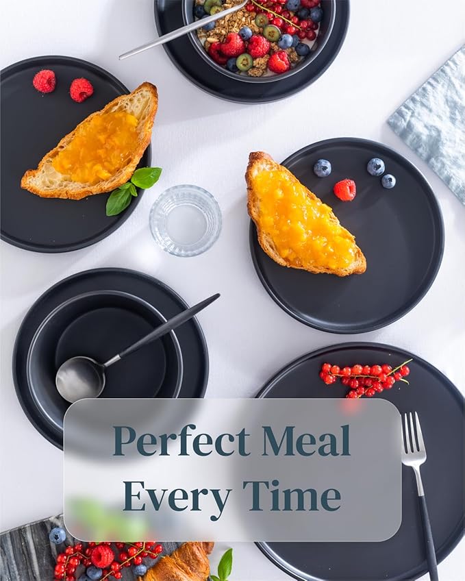 Matte Black Dinnerware Set - Ultra Chic Stoneware for 8-24pcs Plate Set - Dishwasher and Microwave Safe - Ceramic Plates and Bowls-Ruum Studio Home