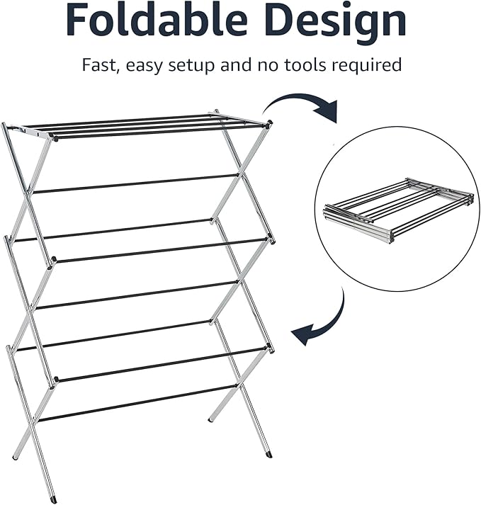 Amazon Basics Foldable Portable Laundry Drying Rack for Indoor Air Drying Clothing, 14.5 x 29.5 x 41.8 inches (LxWxH), Chrome Silver-Ruum Studio Home