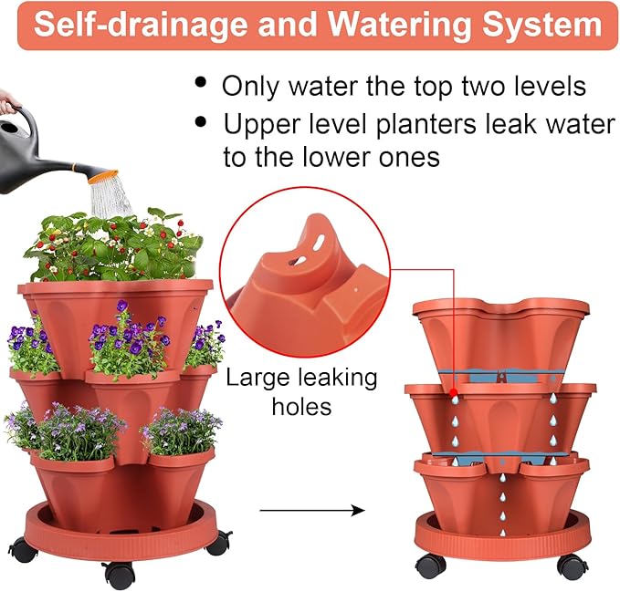Vertical Planter 3 Tier Stackable Planters Garden Planters Strawberry Herb Flower and Vegetable Planter Indoor Outdoor Gardening Pots with Removable Wheels and Tools-Ruum Studio Home