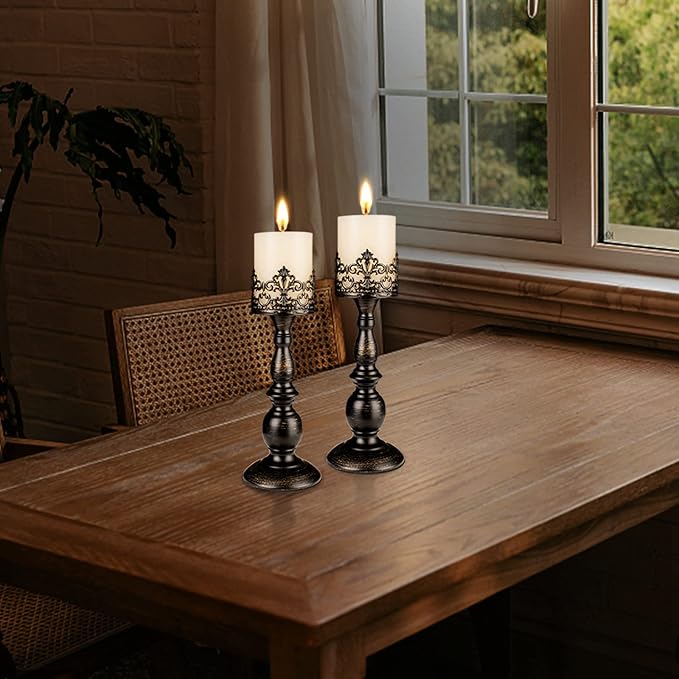 Candle Holders for Pillar Candles Gothic Matte Black Vintage Tall Candle Holders Set of 2 Decorative Large Table Centerpieces Candle Stand Decor (Distressed Black 2PCS A)-Ruum Studio Home