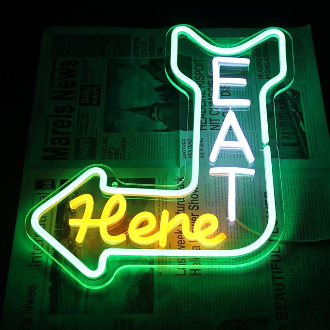 Eat Here Neon Sign Kitchen Neon Signs for Wall Decor with Arrow Guidance Green Orange White Eat Dimmable LED Sign Diner Neon Signs for Wall Bar Restaurant Kitchen Man Cave Decor-Ruum Studio Home