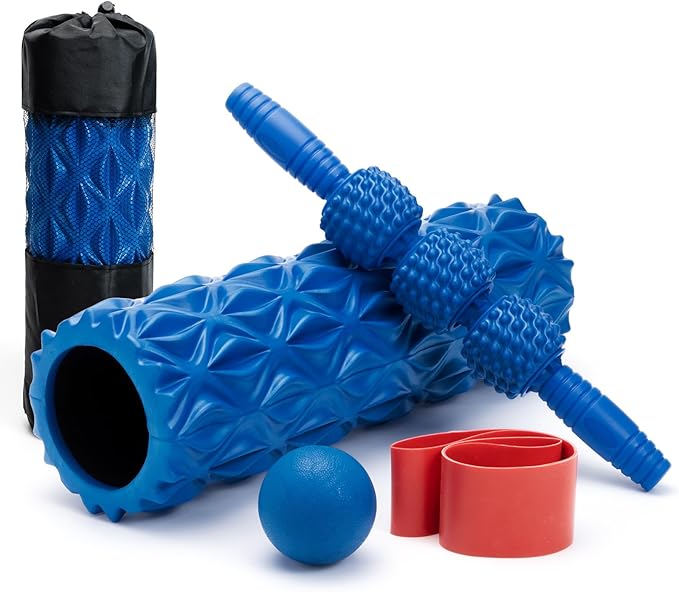5 in1 Foam Roller Set, Trigger Point Foam Roller, Massage Roller Stick, Massage Ball, Resistance Band for Deep Muscle Massage Pilates Yoga,Fitness Exercise for Whole Body (Pure Blue)-Ruum Studio Home