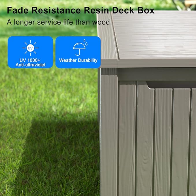 150 Gallon Deck Box,Resin Outdoor Storage Box with Lockable for Patio Furniture, Pool Accessories, Garden Tools Waterproof Outside Storage Box, Grey-Ruum Studio Home