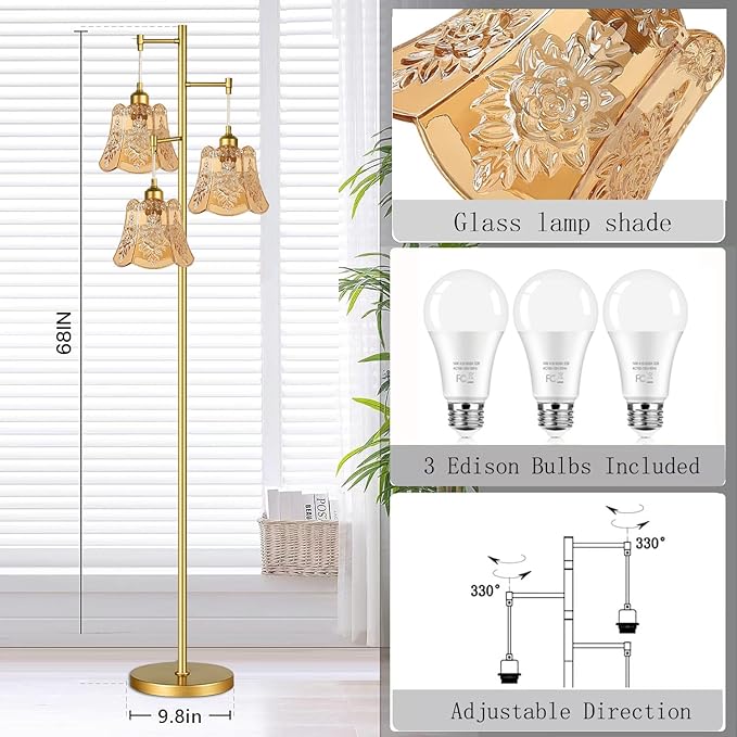 Gold Floor Lamp for Living Room,Bedroom,Tree 3 Light Standing Lamp Mid Century Modern Brass Tall Floor Lamps Vintage Retro Floor Lights Glass Green Flower Lamp Shade Farmhouse Boho Bohemian-Ruum Studio Home