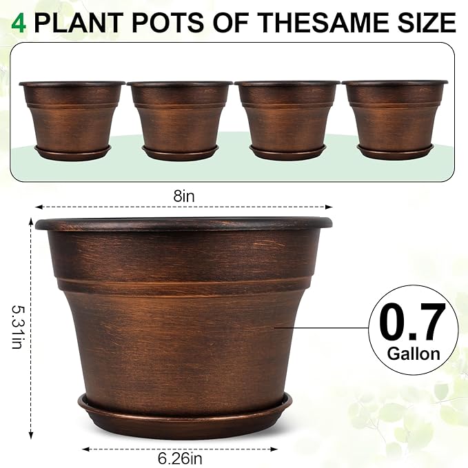 Plant Planters Pots Set of 4 Pack 8 Inch, Plastic Flower Pot for Indoor Plants with Drainage Holes & Trays, Resin Decorative Container Sets with Saucer for House Outdoor Garden Planters Copper-Ruum Studio Home