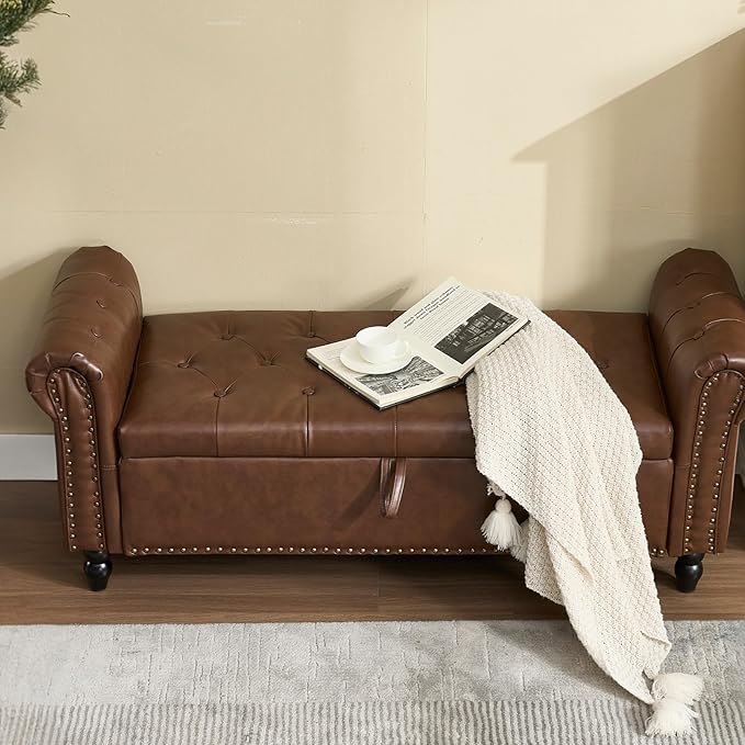 Furniliving 55” End of Bed Bench, Bedroom Bench with Button-Tufted, Large Upholstered Storage Ottoman Entryway Bench with Storage Shoe Cabinet Bench, for Bedroom, PU, Brown-Ruum Studio Home