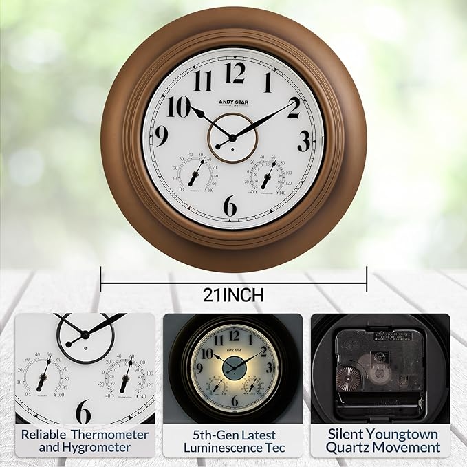 Andy Star 21 Inch Large Luminous Outdoor Wall Clock Waterproof with Temperature, Vintage Round Wall Clocks Battery, Oversized Pool Clock for Garden Patio Rustic Bronze Finish Silent Non Ticking Clock-Ruum Studio Home
