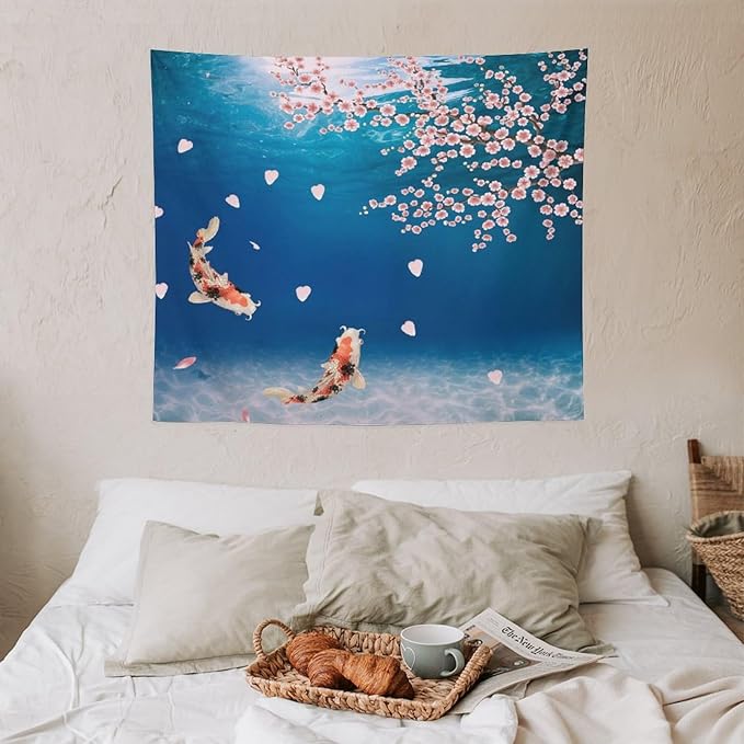 Japanese Koi Fish Tapestry, Cherry Blossoms Asian Oriental Blue Floral Branch Koi Fish Carp Tapestries Wall Hanging for Bedroom Living Room Office Decor 60"x50"-Ruum Studio Home