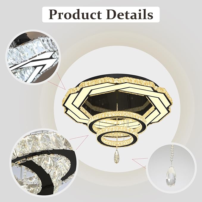 Flashing God Dia 32" Modern Crystal Chandelier Crystal Black Ceiling Light Fixtures LED Flush Mount Ceiling Light for Living Room Bedrooms Dining Room Dimmable 2700k- 6000k-Ruum Studio Home