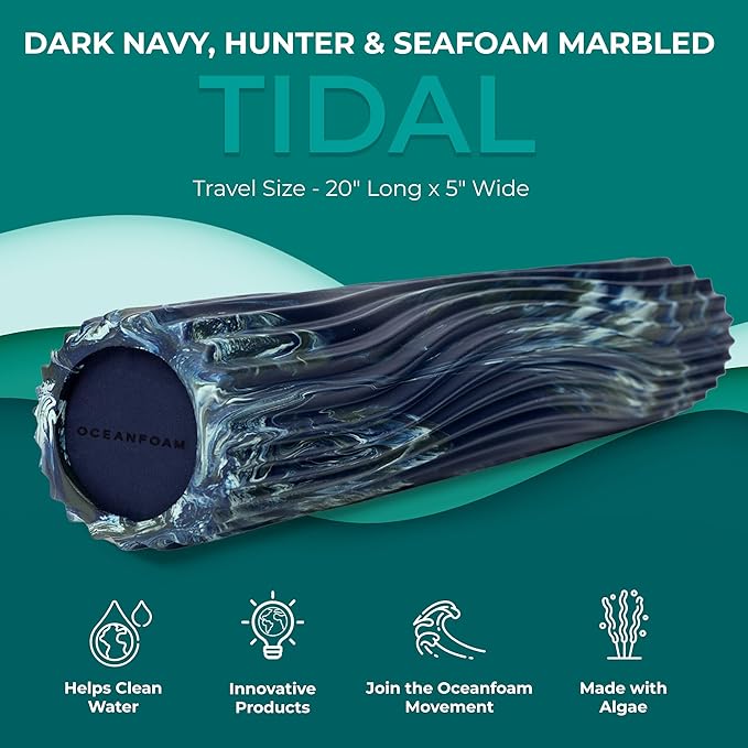 Oceanfoam Tidal Roller - Dark Navy, Hunter & Seafoam Marbled - Muscle Massage Foam Roller for Back Pain & Stretching - Firm & Ergonomic Wide Wave Textured - Yoga & Athletics - Full Size, 20" x 5"-Ruum Studio Home