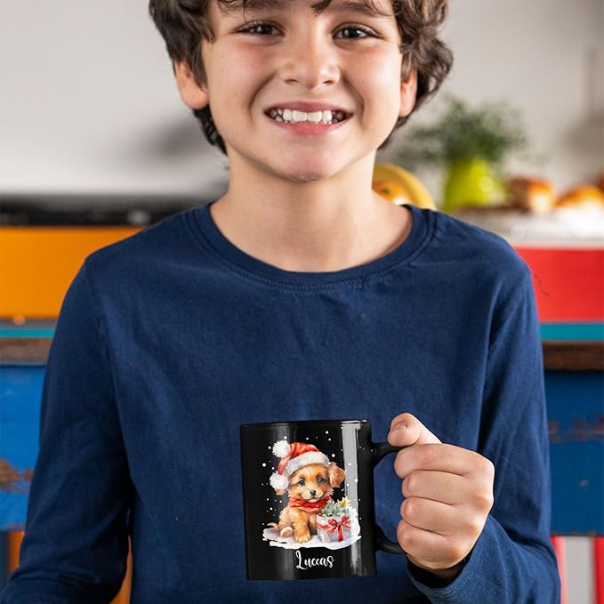 Personalized Name Christmas Puppy Cup - Novelty Coffee Mug 11oz 15oz, Customized Santa Hat Design, Custom Pet Owner Black Ceramic Cup, Gift for Christmas, Puppy Lover-Ruum Studio Home