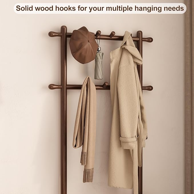 Hall Tree, Coat Rack with Shoe Storage, Wooden Hall Tree with Bench, 11 Hooks and 2-Tier Storage Shelves, Entryway Bench with Coat Rack (23.6" - Deep Walnut)-Ruum Studio Home