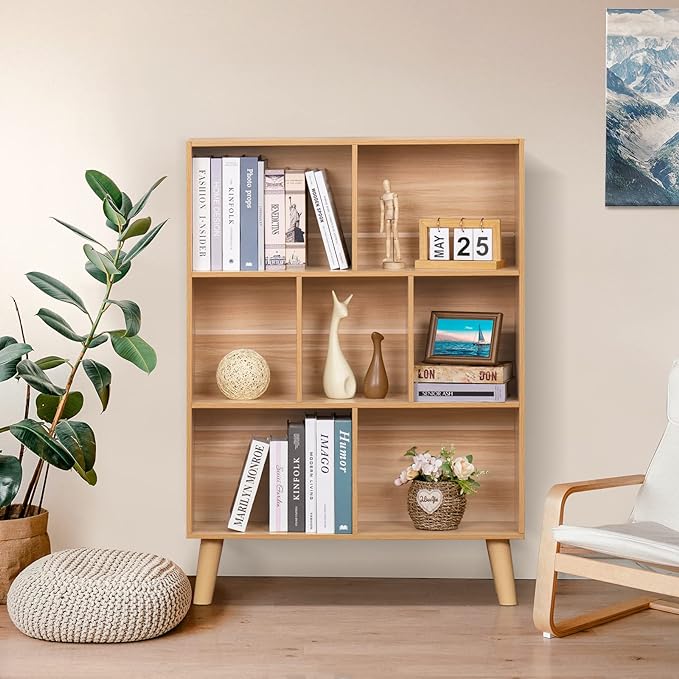 LEYAOYAO Wooden 5 Cube Bookshelf, Natural 3 Tier Book Shelf with Legs, Modern Open Storage Organizer,Boho Bookcase,Display Cabinet Shelf Free Standing Bookshelves for Bedroom,Living Room,Study-Ruum Studio Home