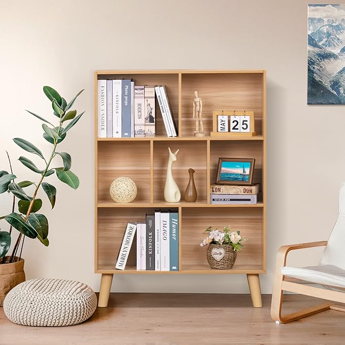 LEYAOYAO Wooden 7 Cube Book Shelf, Natural 3 Tier Bookshelf with Legs, Modern Open Storage Organizer,Boho Bookcase,Display Cabinet Shelf Free Standing Bookshelves for Bedroom,Living Room,Office-Ruum Studio Home